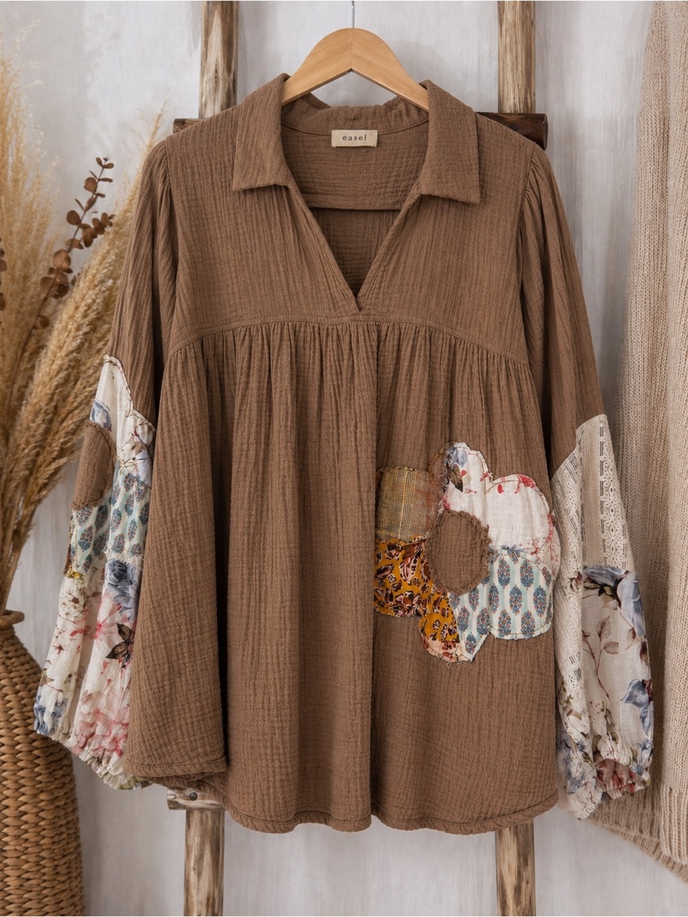 197🌟 Easel Cotton Gauze Patchwork Babydoll Blouse
